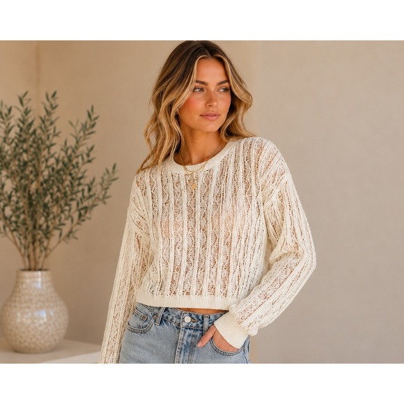 Tuba Butik Sweaters - Tuba Butik Cream Open Knit Pointelle Cropped Sweater Women's Std Boho